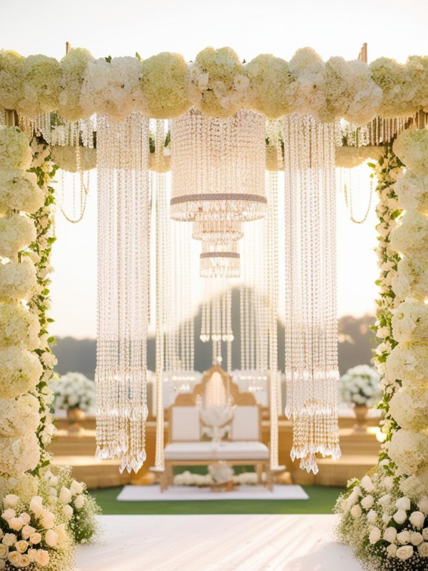 bridal entry chaadar suspended overhead, crafted from cascading clear crystals and shimmering beads