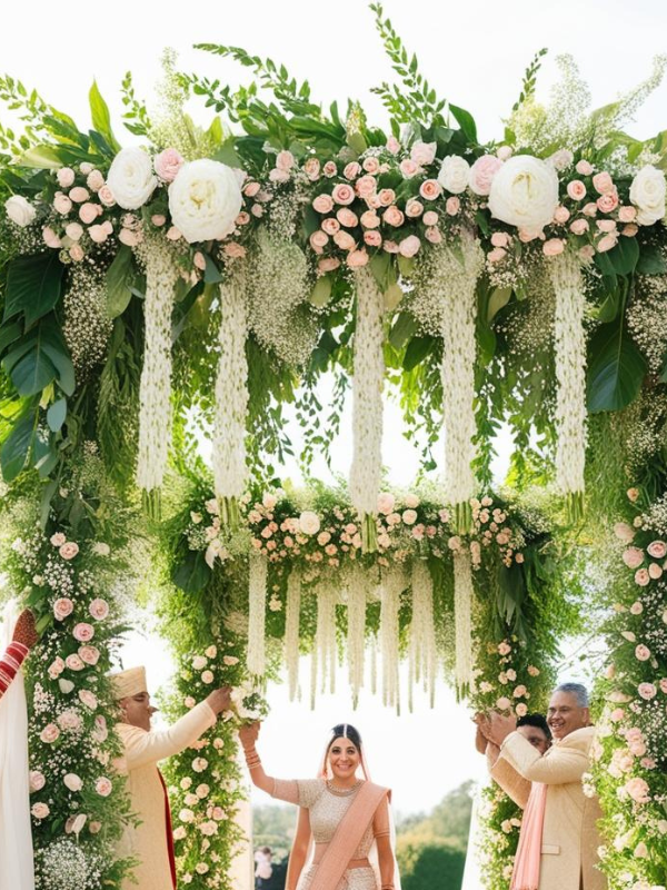 bridal entry chadar featuring textured flowers and leaves held over the bride