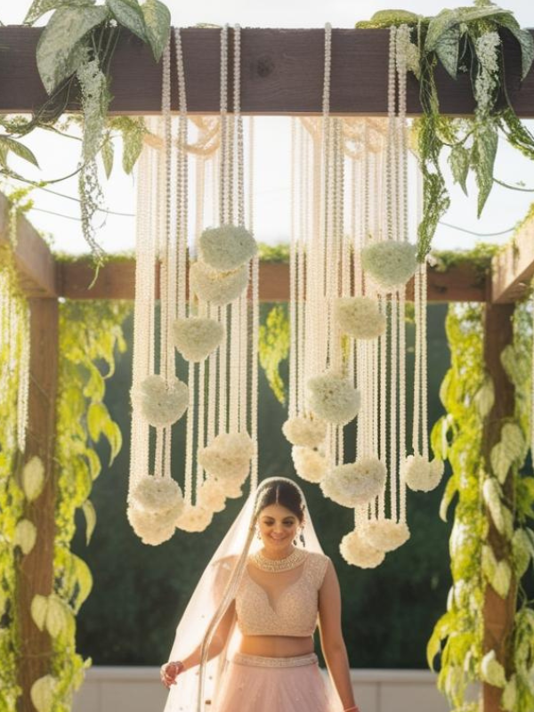 bridal entry chadar on a rustic wooden frame, adorned with lush golden pothos (money plant) vines cascading along the sides