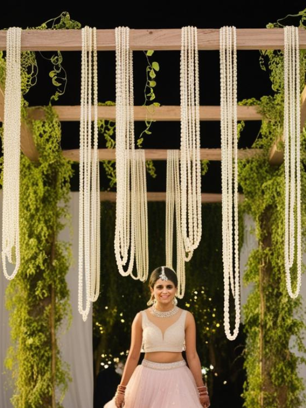 bridal entry chadar on a rustic wooden frame, adorned with lush golden pothos (money plant) vines cascading