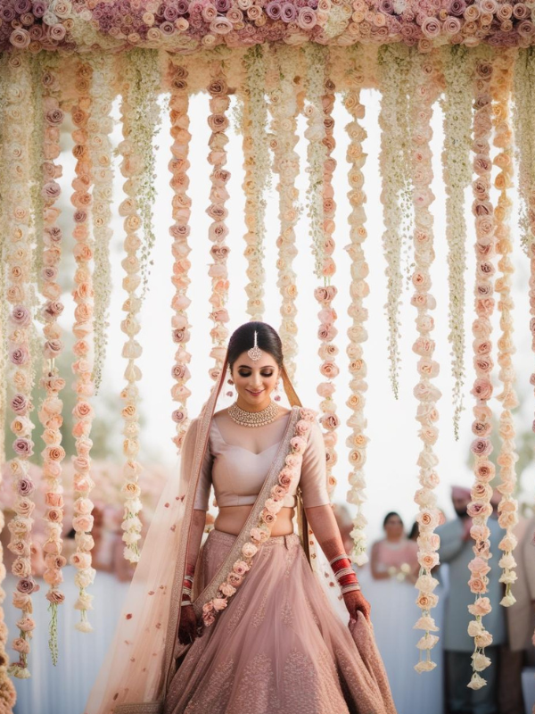 bridal entry chadar with cascading strings of pastel colored roses—blush pink, peach, and ivory—hanging delicately