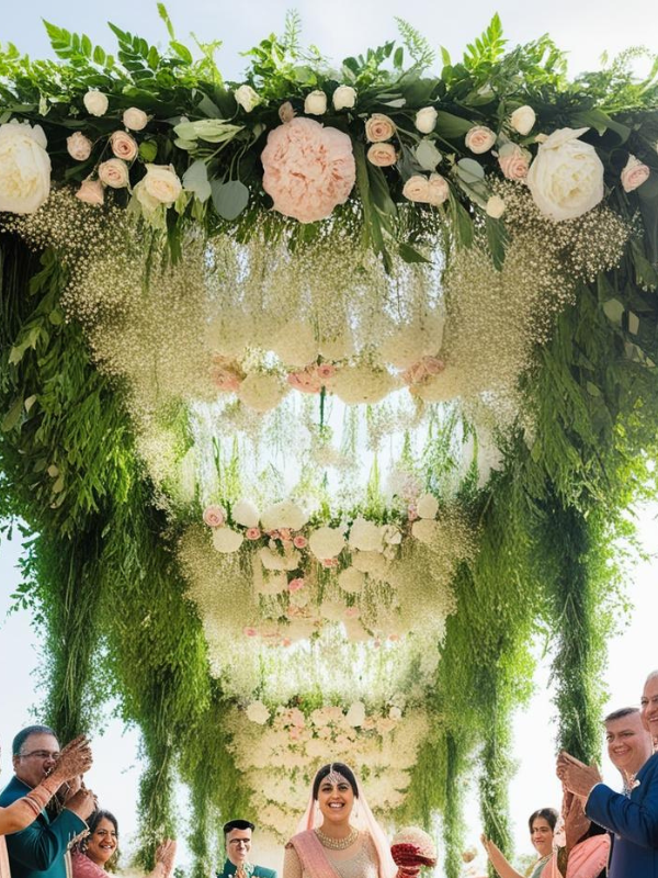 bridal entry chadar with green leaves, baby’s breath, pink and ivory roses, and tuberoses