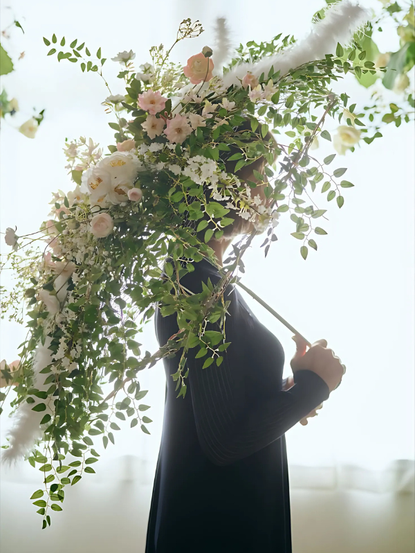 bridal entry floral umbrella with white, peach and green