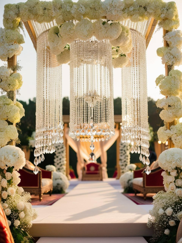 bridal entry suspended overhead, crafted from cascading clear crystals and shimmering beads forming a delicate lattice