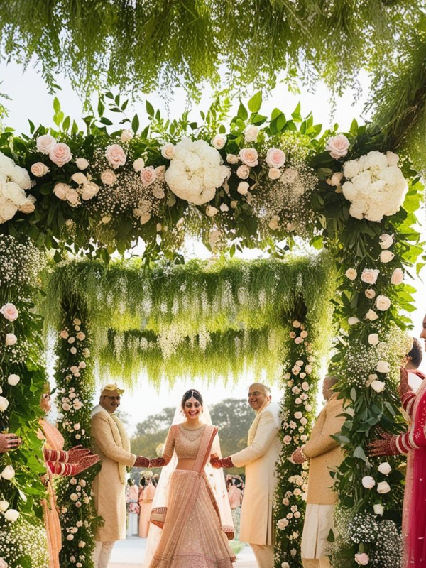 floral canopy of mixed roses, baby’s breath, tuberoses, and greenery for bride’s entry