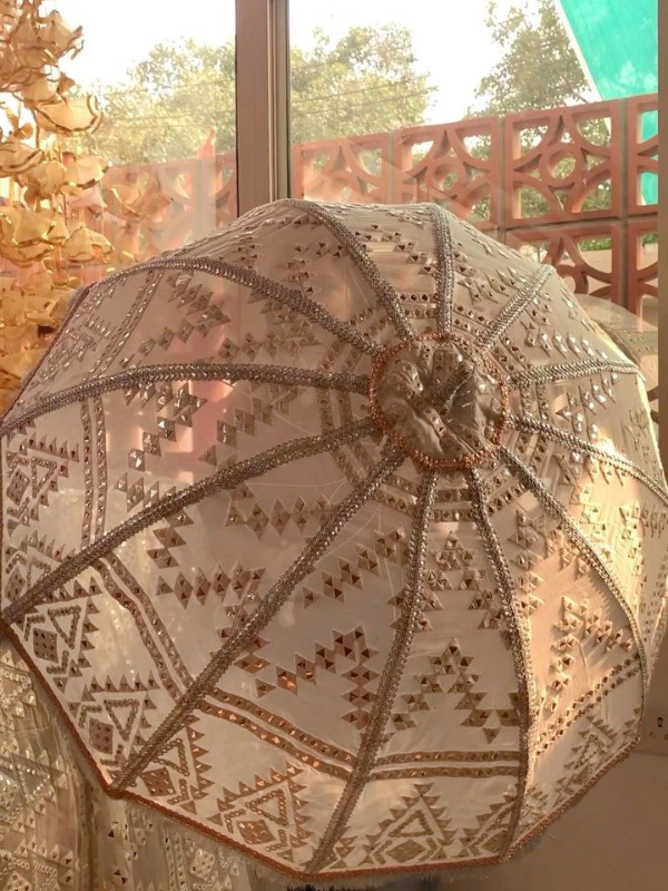 gold umbrella floral bridal entry