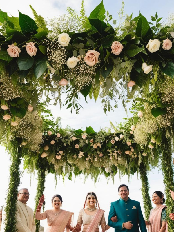 lush bridal chadar with layered pink and ivory roses and fresh greenery