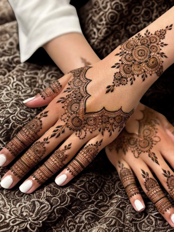 minimal mehandi design for bride with circles and finger mehandi till wrist