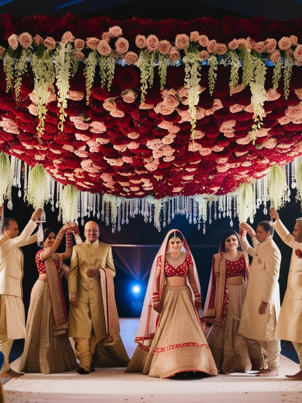 pastel pink & red roses bridal entry phoolon ka chadar with long green vines