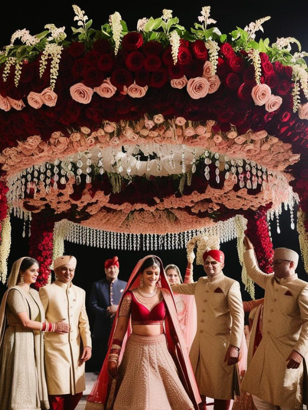 pastel pink & red roses bridal entry phoolon ka chadar