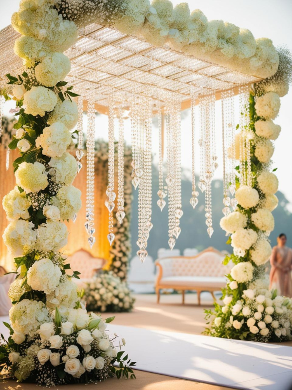 phoolon ki chaadar suspended overhead, crafted from cascading clear crystals and shimmering beads