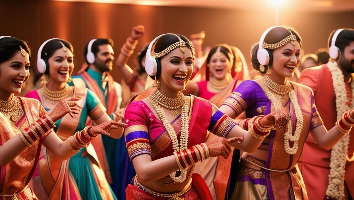 silent disco indian wedding guests wear headphones and choose between different music channels, dancing to their preferred beats without noise restrictions.
