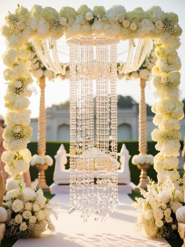 the canopy is bordered with lush white hydrangeas, soft white roses, and touches of baby’s breath, creating a romantic and ethereal floral frame