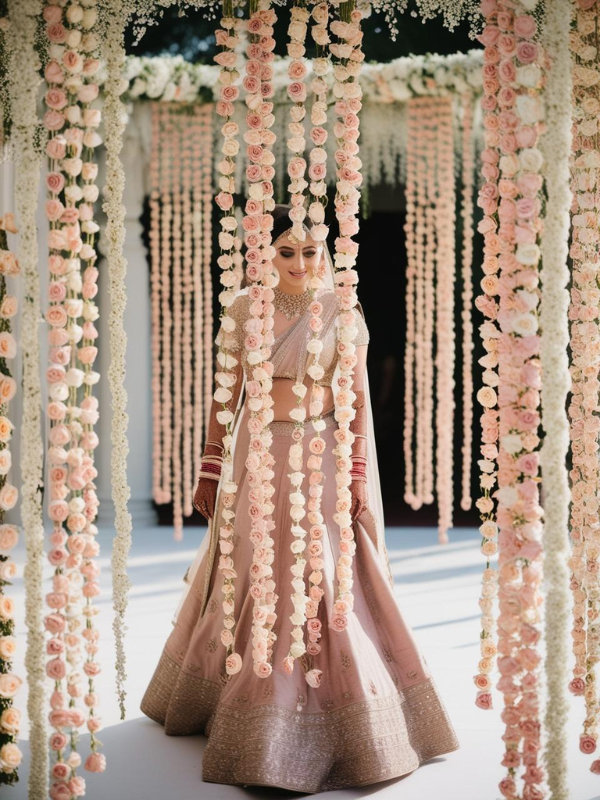the floral strings sway gently, creating a dreamy curtain effect as the bride walks beneath in a muted toned lehenga