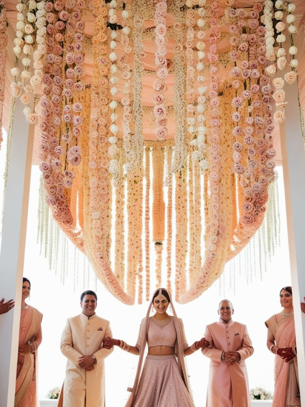 the floral strings sway gently, creating a dreamy effect as the bride walks beneath in a muted toned lehenga