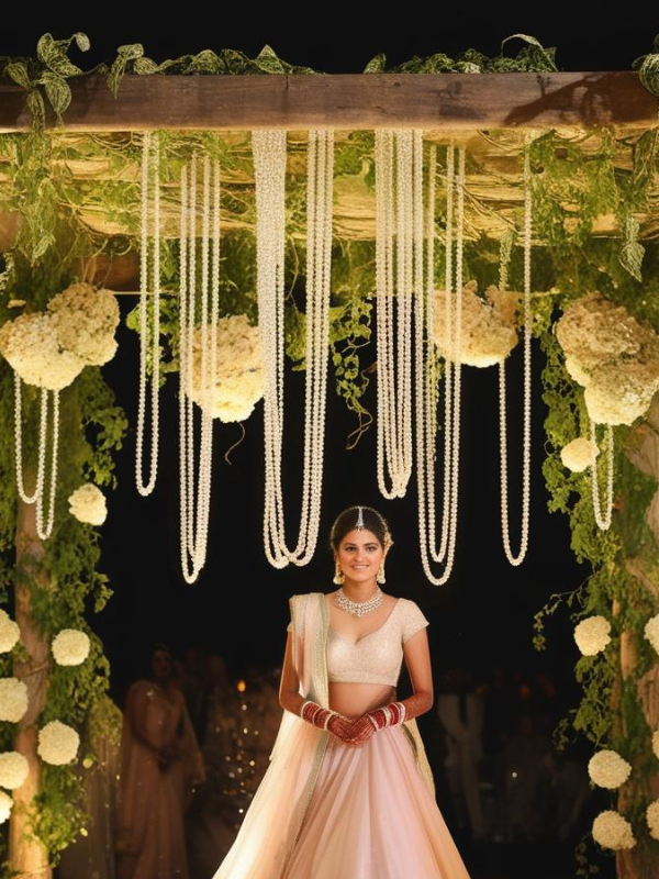 bridal entry chadar crafted on a rustic wooden frame, adorned with lush golden pothos (money plant) vines cascading along the sides