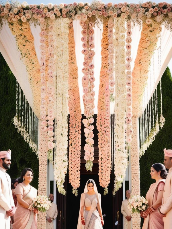 bridal entry chadar designed with cascading strings of pastel colored roses—blush pink, peach, and ivory
