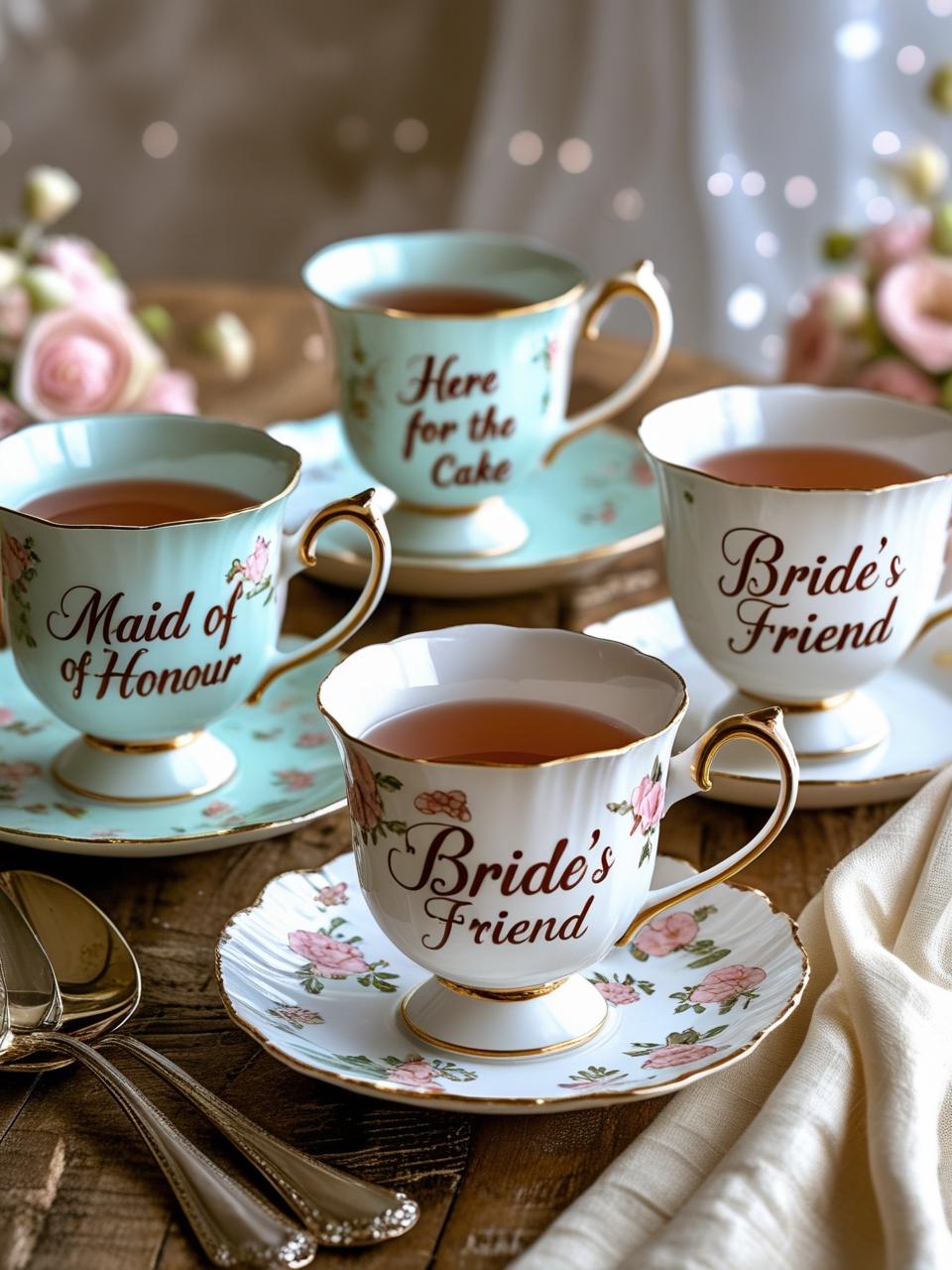 5 mugs or teacups with quirky phrases like “maid of honour fuel” or “here for the cake.” bride's friend cheers to the groom for landing the bride for bridesmaid diy hamper