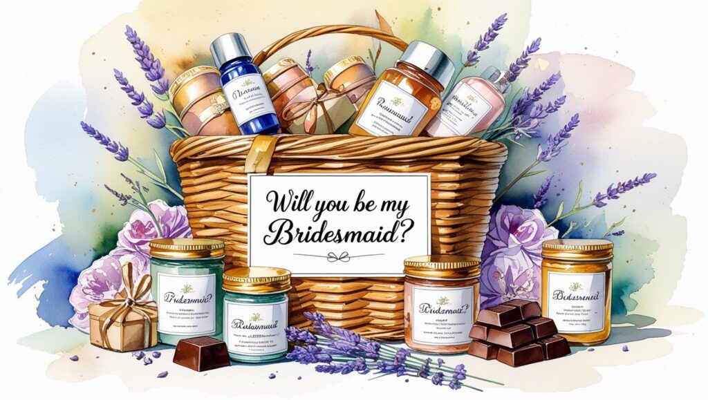 diy bridesmaid hamper with the hamper reading will you be my bridesmaid handmade goodies, skincare jars, chocolates with an aesthetic background in watercolour style
