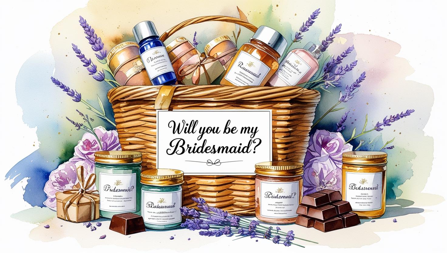 diy bridesmaid hamper with the hamper reading will you be my bridesmaid handmade goodies, skincare jars, chocolates with an aesthetic background in watercolour style