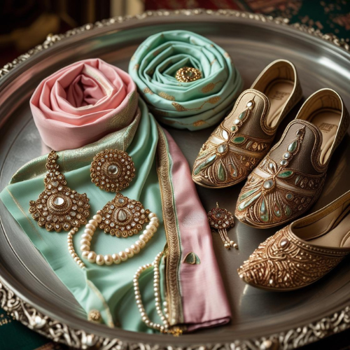 a flat lay of sherwani accessories pastel saafa, embroidered stole, gold brooch, string of pearls, and traditional juttis arranged
