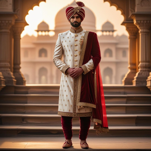 a regal indian groom standing on palace steps, wearing an ivory silk sherwani with golden buttons, a contrasting deep red turban