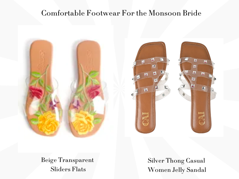 Floral and Embellished Transparent Flats Are The Comfortable Footwear For Monsoon Bride