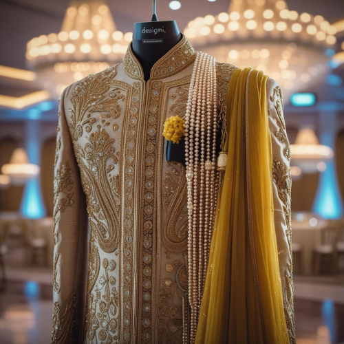 groom in a champagne gold sherwani with self embroidery