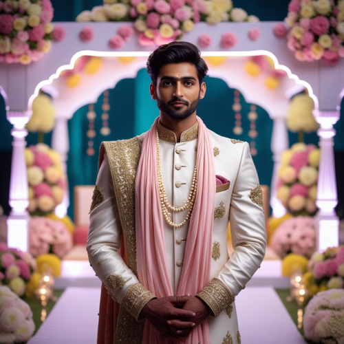 groom in a crisp ivory sherwani with gold threadwork, a blush pink saafa, and a matching pearl necklace