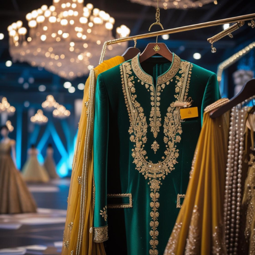 groom in a deep emerald green velvet sherwani with intricate gold zardozi, a mustard saafa, and strings of pearls