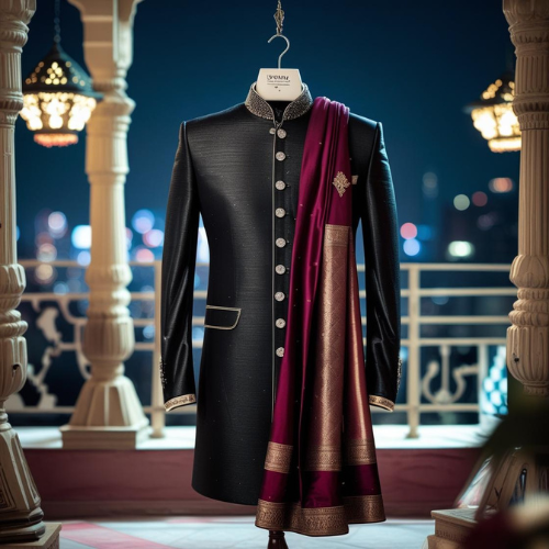 groom in a sharply tailored black sherwani with silver buttons, minimal embroidery, and a deep maroon stole