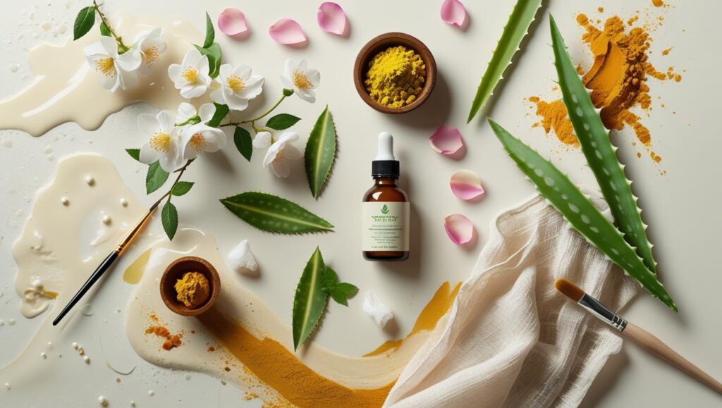 illustration featuring a flat lay of ayurvedic skincare elements — jasmine flowers, rose petals, a wooden bowl with herbal powder (ubtan), a small glass bottle of herbal toner, aloe vera leaves