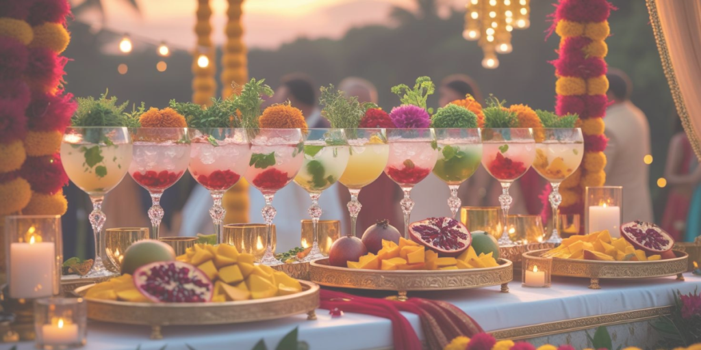 uxurious indian wedding reception mocktail bar setup at sunset, featuring elegant non alcoholic drinks in crystal glasses with colourful garnishes like fresh herbs, edible flowers, and sliced frui